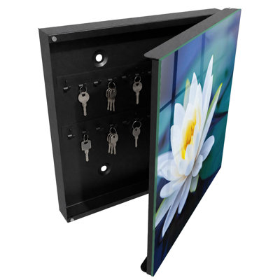 Key storage cabinet, Opens to the left, 30x30x5, White, Water lily flower on pond meditation nature, 