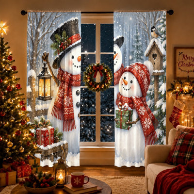 2Pcs Cute Snowman Christmas Curtains Light Filtering Rod Pocket Window Drapes For Living Room Bedroom Kitchen Holiday Decor