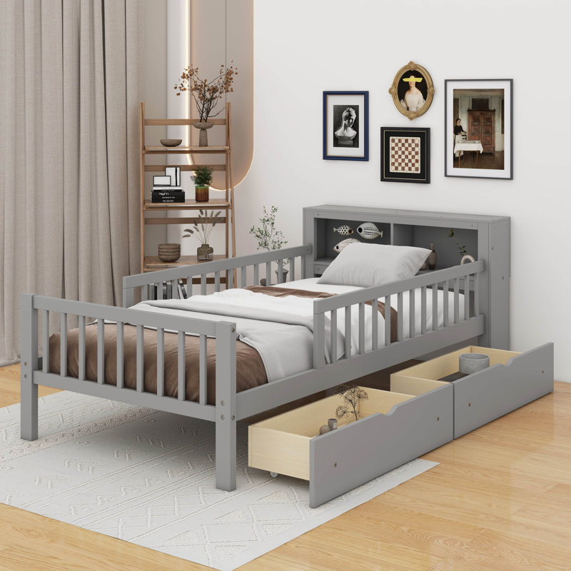 Lit simple avec support de tête de lit, deux tiroirs sous le lit et sécurité, Gris
