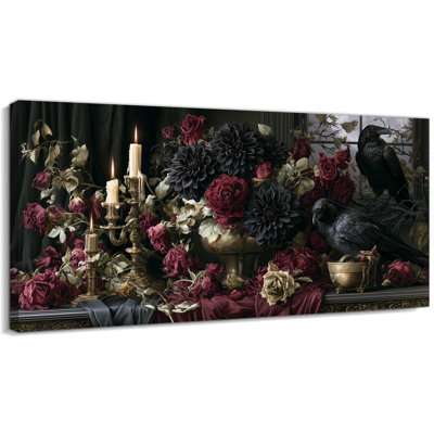 Grand art mural sur toile d'Halloween gothique - œuvre d'art corbeau sorcier, peinture florale fantaisiste, décoration murale fantaisie sombre pour chambre à coucher, salon, décor de sorcière, toile tendue avec cadre en pin, 28 po x 58 po