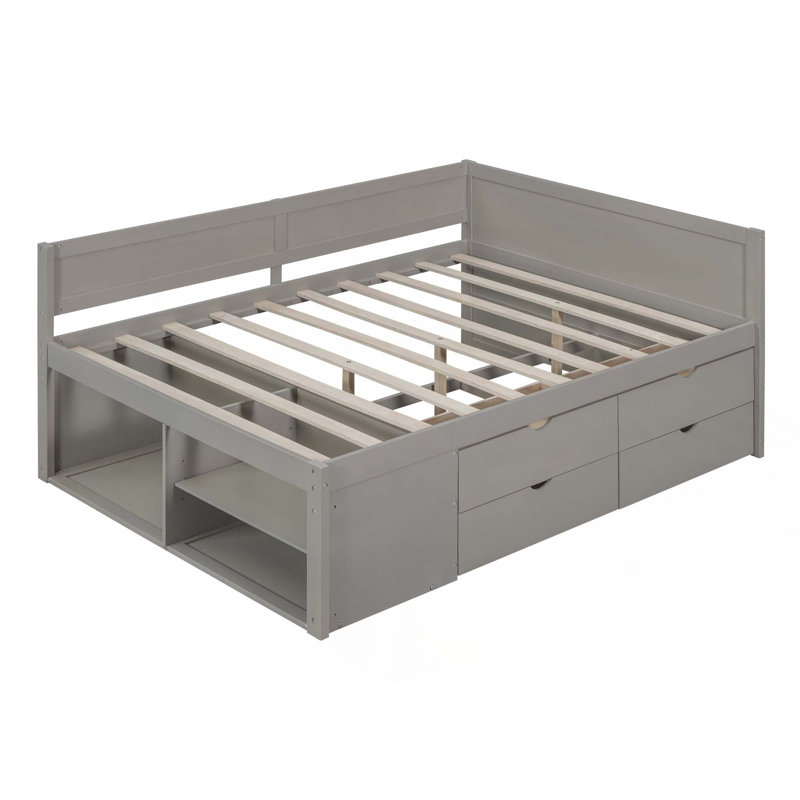Lit de jour avec tiroirs et tablettes, Gris, Lit double