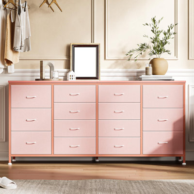 63 Inch TV Stand with 14 Fabric Drawers, Long Dresser for TV Up to 75 Inch, Entertainment Center with Power Outlet