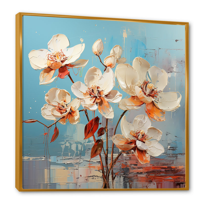 «Blue Abstract Orchids Euphoria I», reproduction sur toile, Cadre flottant doré, H 36 po x l 36 po x P 1,5 po