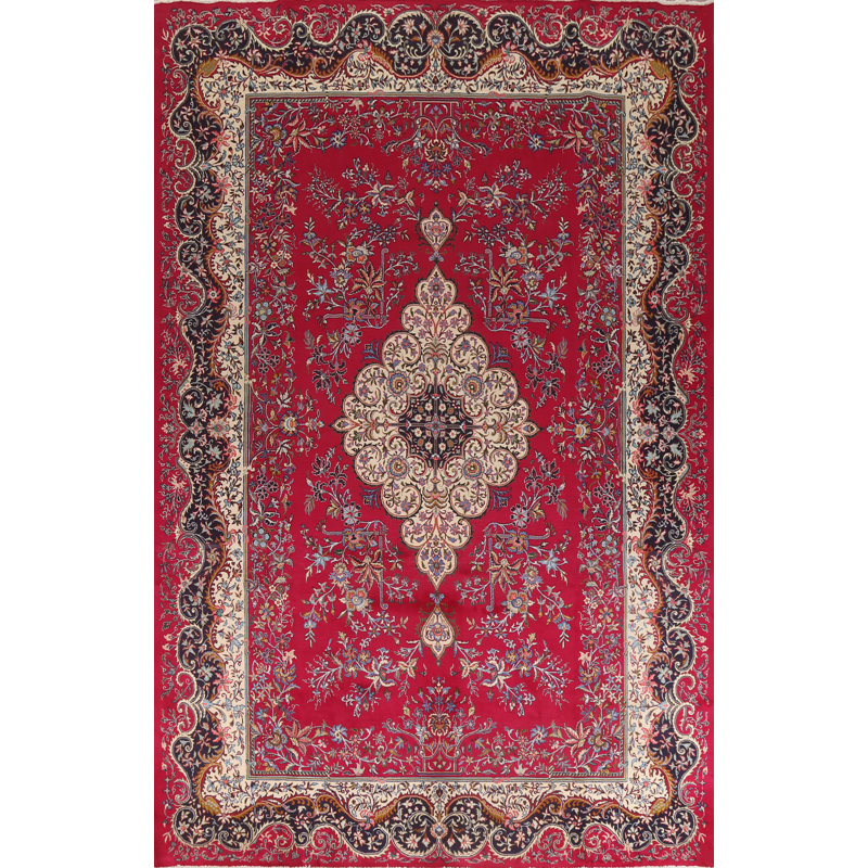 Tapis rouge en laine noué à la main de conception unique de style années 1980 de 9 pi 6 po x 12 pi 11 po Saveena