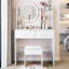 Table de coiffeuse ronde 17 po à DEL avec interrupteur tactile, tabouret moelleux à 3 couleurs, rangement multi-couches, idéal pour les petits espaces, style américain, grand bureau avec coussin de miroir blanc, grande capacité de rangement