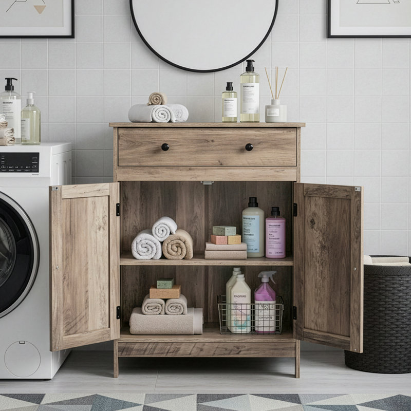 Washed Gray  Bathroom Storage Cabinet With 2 Doors And 1 Drawer, Washed Gray