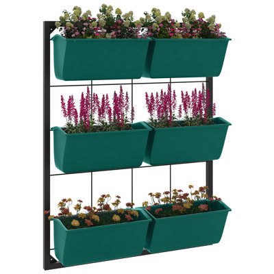 Pot à fleurs mural à 3 niveaux Outsunny avec 6 pots pour l'intérieur et l'extérieur, support à plante suspendu, pot à fleurs mural à drainage automatique pour légumes, fleurs, herbes, vert