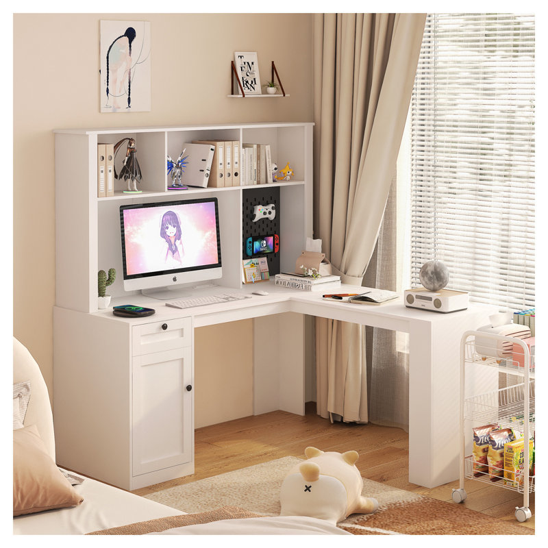 Bureau d'ordinateur en L blanc avec prises de courant intégrées, ports USB et tiroirs, 62.79" H x 51.56" W x 46.06" D, White