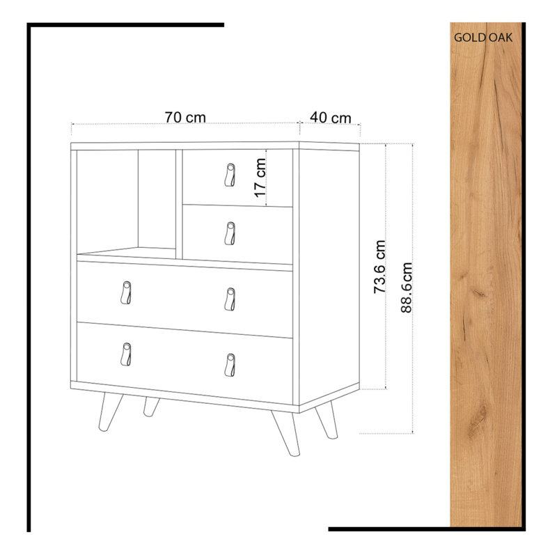 Commode décorative 4 tiroirs, Chêne / Blanc