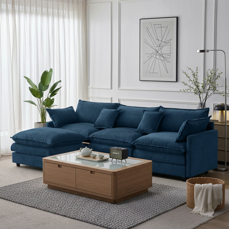 Modular L-Shaped Sectional Sofa Couch With Ottoman,Soft Chenille Fabic,3-Seater, Blue