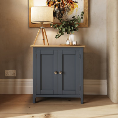 Daris 2 Door Compact Sideboard Buffet Storage Cabinet. 65cm Wide. Solid Oak Top. Polished Chrome Handles.