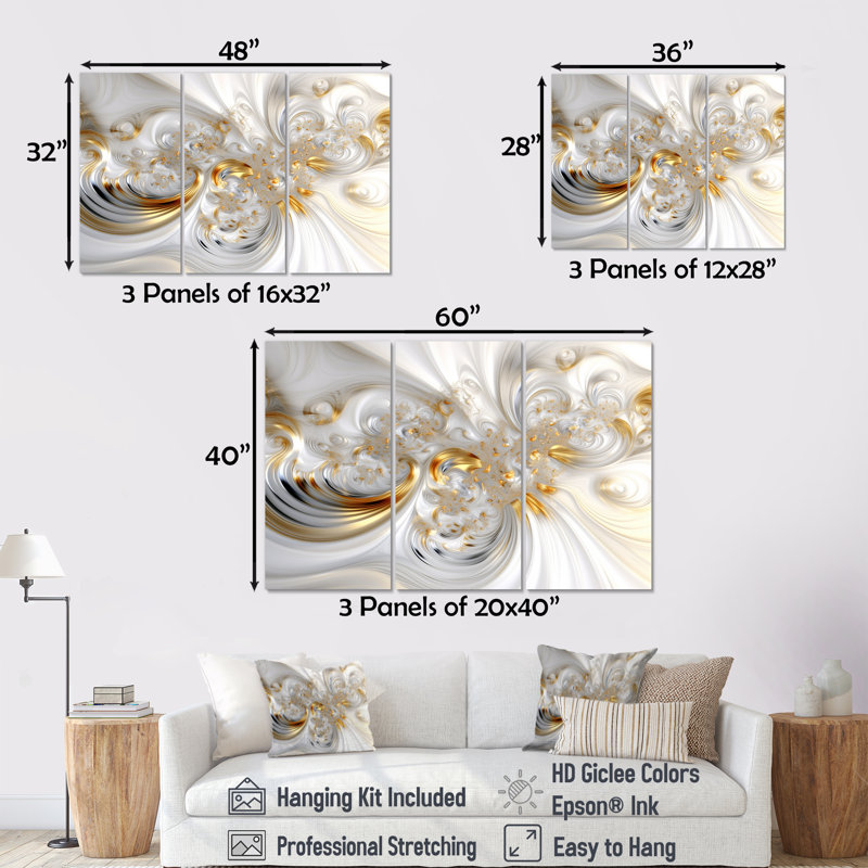 «Whirling River Dynamics Gold and White II - Abstract Spirals», ensemble d'art mural, Toile tendue