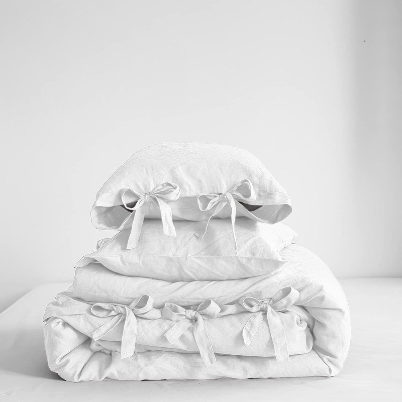 100% Linen Duvet Cover Set, 3 Pieces Belgian Flax Breathable Bedding,  (1 Comforter Cover+2 Pillowshams) With Tie Closure Style