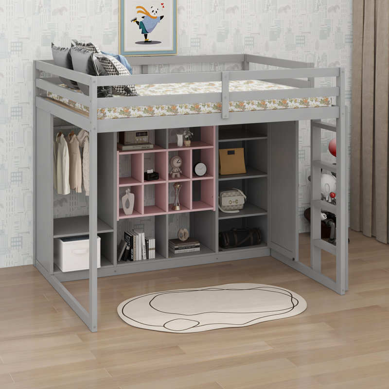 Full Size Wood Loft Bed With Wardrobe & Shelves & Cabinet, Gray/Pink