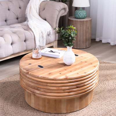 Table basse ronde en bois avec rangement caché - Centre de table rustique moderne de 30,3 po, finition naturelle, couvercle relevable