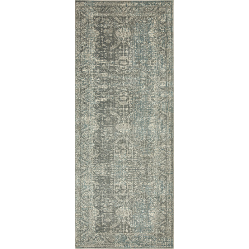 Ostergren Collection Grey/Blue Transitional Oriental Area Rug, Runner 2'5" x 7'8"