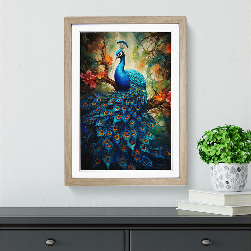 Peacock Contemporary - Single Picture Frame Print on Wood, 34cm H x 25cm W x 2" D, Oak Framed
