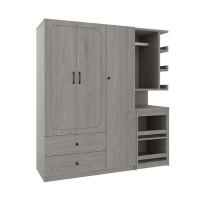 Armoire multifonctionnelle avec 2 portes et tringle, armoire à vêtements en bois avec bureau convertible et tiroirs de rangement, espaces de rangement multiples, pour chambre à coucher, vestiaire, buanderie, gris