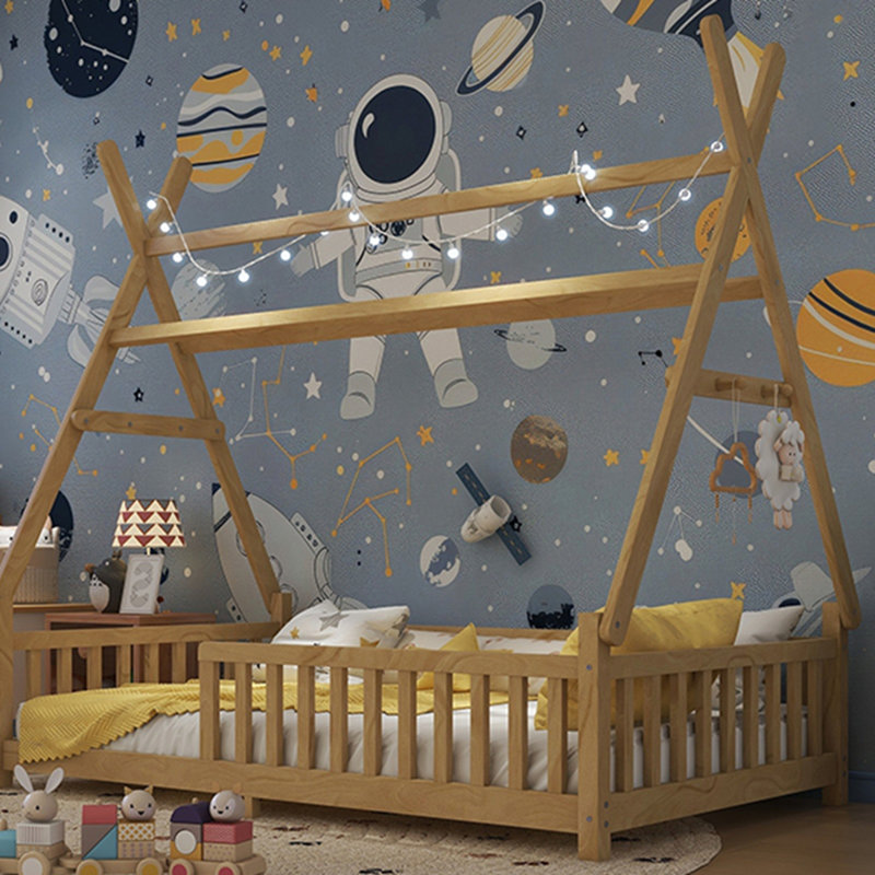 Lit cabane double avec lumière, lit cabane bas avec clôture et toit pour enfants, Lit simple, Naturel