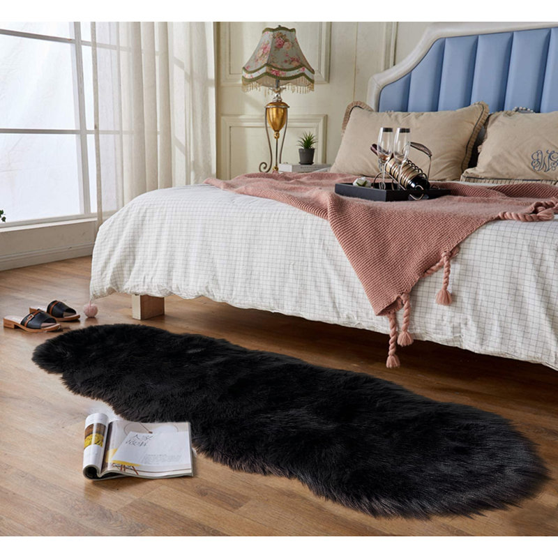 Novelty Faux Fur Rug Sheepskin Shag Rug Fluffy Rug For Kids Room, Bed Room, Living Room In Black , Novelty 2' x 6'