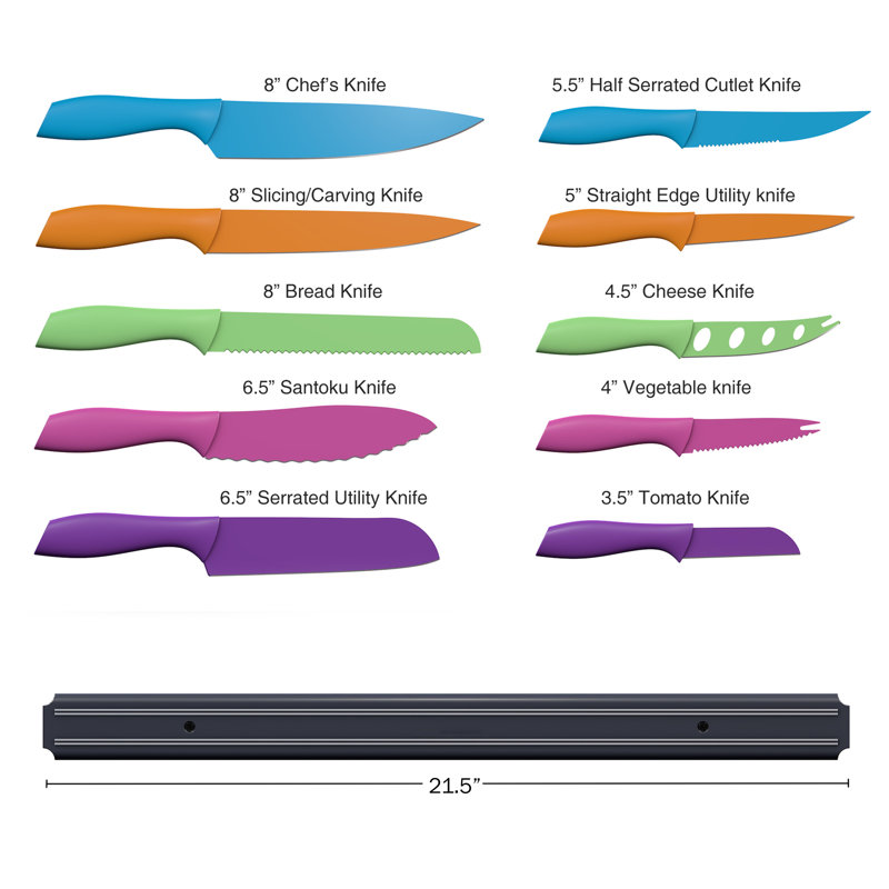 10 couteaux en acier inoxydable avec porte-couteaux 10 pièces - Livré avec 3 planches à découper en plastique - Essentiels de la cuisine par Classic Cuisine