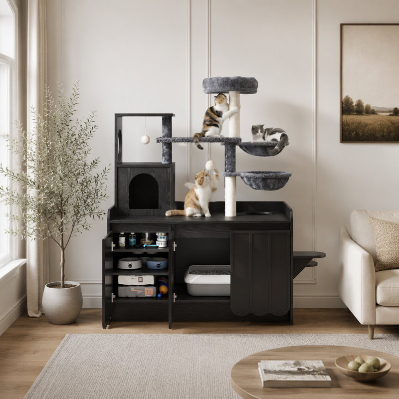 Arbre à chat 50,6 po avec bac à litière, poteau à griffer en sisal et espace de rangement, maisonnette pour chat tout-en-un moderne avec maison, hamac et perchoir