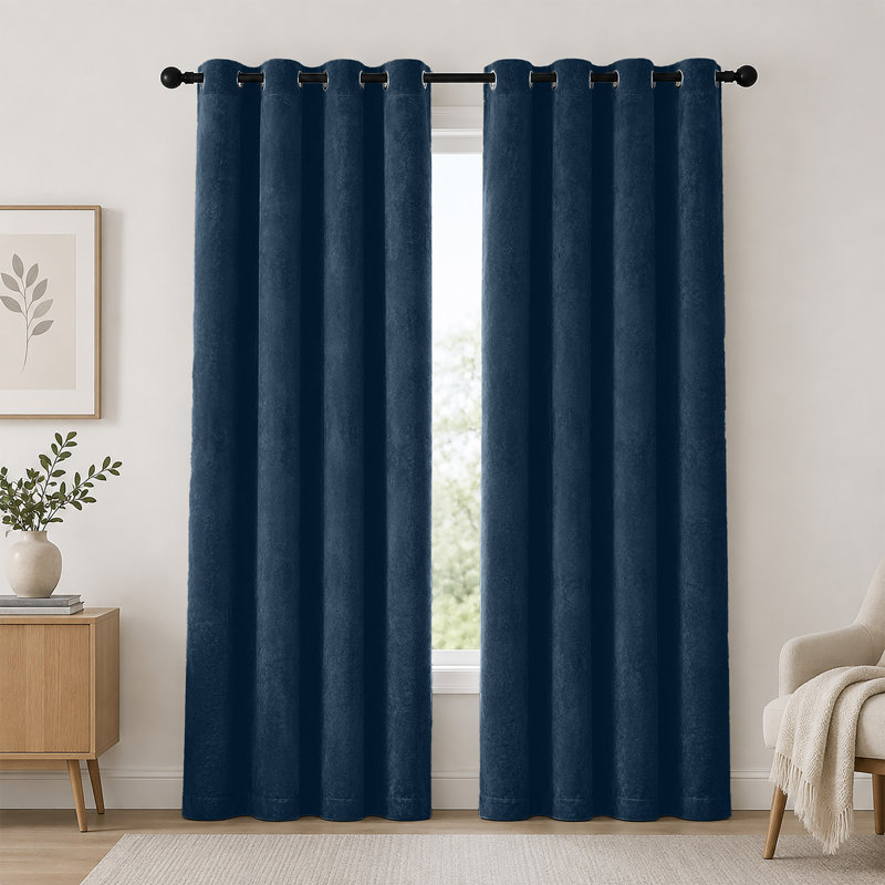 Thermal Velvet Curtains with Eyelet Ring Top - Blackout Crushed Velvet Drapes Pair, Blue, 117cm Width x 137cm Drop