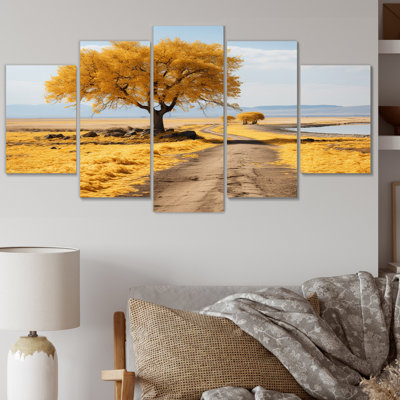 Arbre symétrique jaune et gris symphonique I - Paysage, art mural, salon, 5 panneaux