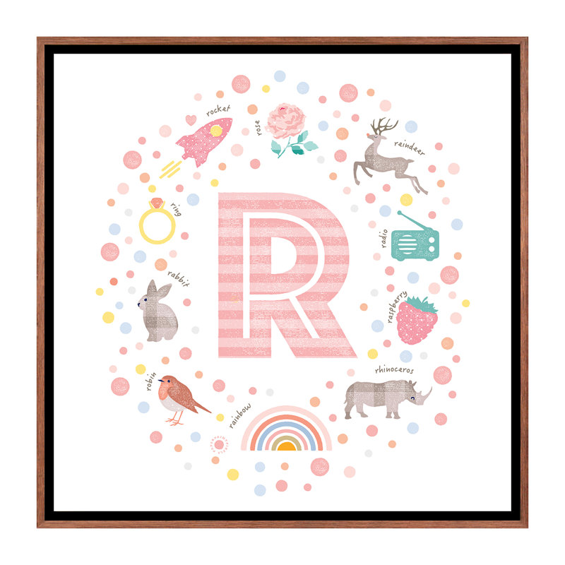 Lettre illustrée R rose - impression, Pas de tapis, Toile avec cadre brun, H 18 po x l 18 po x 1,5 po