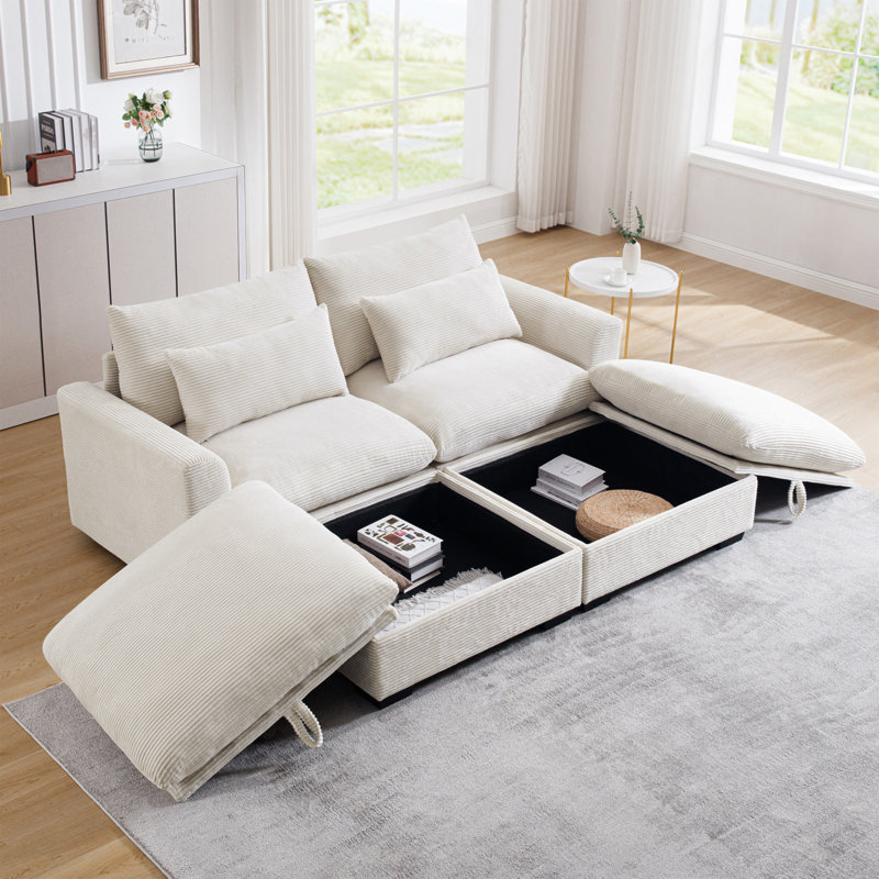 Canapé à deux places en velours côtelé avec 2 repose-pieds de rangement, canapé modulaire à 2 places et sièges confortables