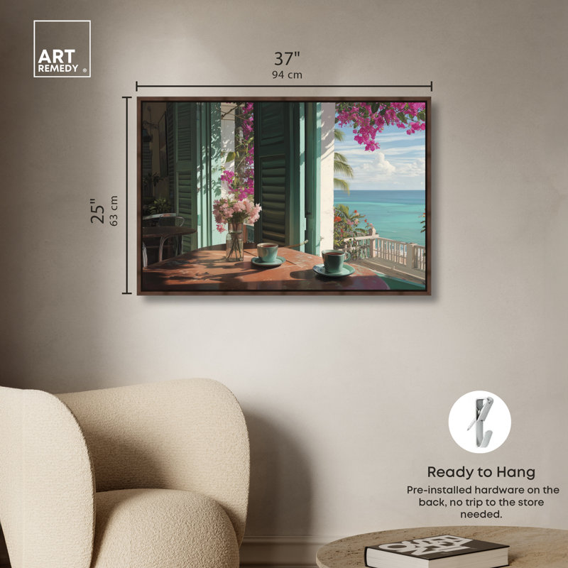 «Morning Coffee Ocean View», reproduction d'art sur toile encadrée par Art Remedy, cadre en noyer, 36 x 24, 25"H x 37"W
