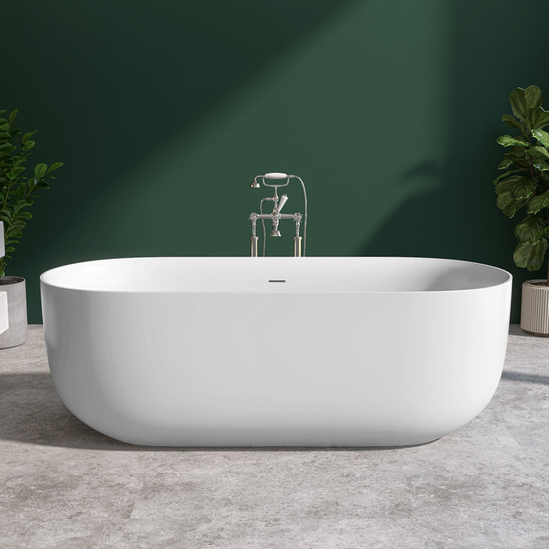 Solid Surface Tub 63'' Freestanding Soaking Bathtub Stand Alone Slipper Matte White Oval Tub with Center Drain