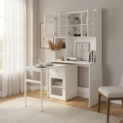 Armoire garde-manger multifonctionnelle avec bureau rotatif, rangement en verre, tiroir et tablettes ouvertes