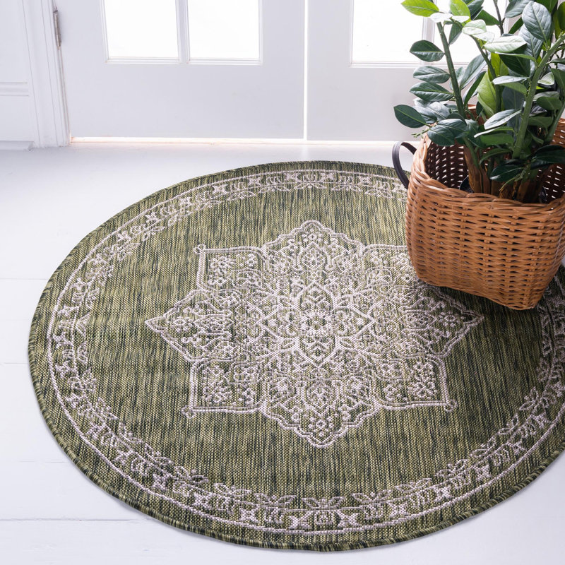 Tapis oriental vert / gris Crabill, Rond 13 pi 1 po