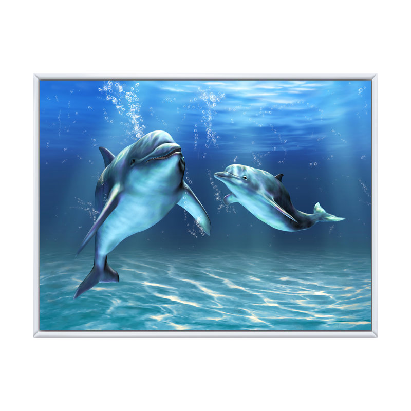 Deux dauphins bleus - Impression sur toile, Cadre flottant blanc, H 12 po x l 20 po