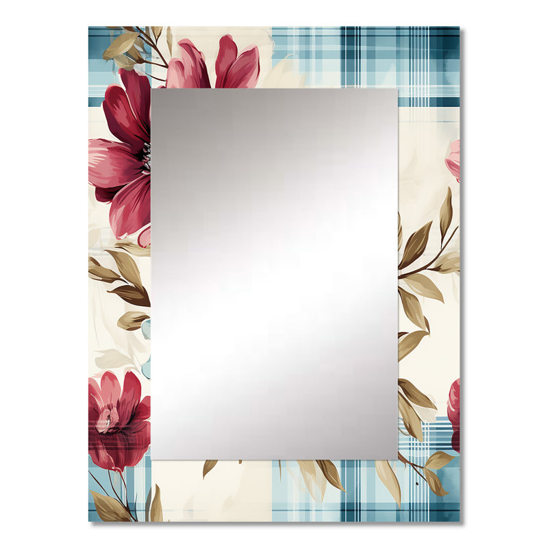 Adisynn, motif bohémien de fleurs écossaises roses et bleues - miroir mural à carreaux, 32 po x 24 po