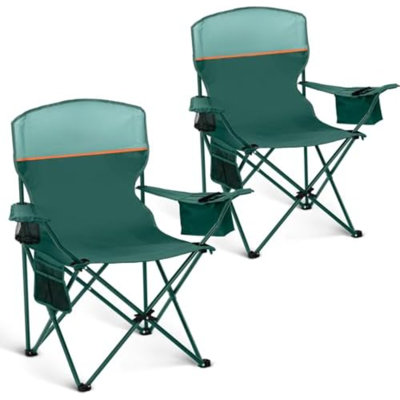 Ensemble de 2 chaises de camping pliantes avec sac isotherme et support lombaire | Structure en acier durable et tissu Oxford. Comprend une glacière pour 4 canettes, une poche latérale d'une capacité de 350 lb, un sac de transport et un porte-gobelet (poche) pour le sable