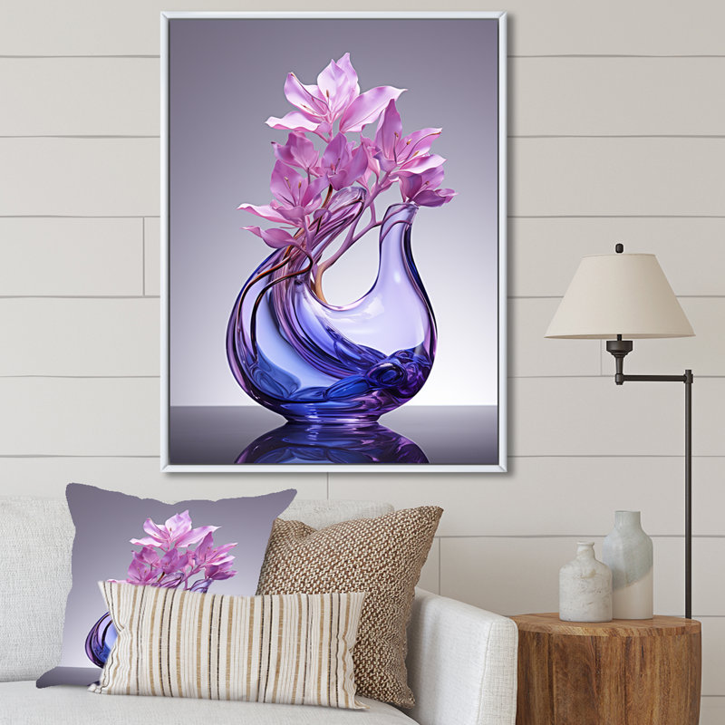 «Flower Lilac Luminance Vase I», art mural sur toile lilas, Cadre flottant blanc, 40" H x 30" W