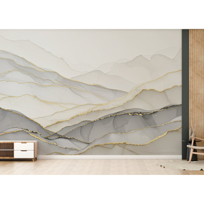 Papier peint abstrait en marbre avec veines dorées | Murale peler et coller avec pics de marbre blanc gris | Décoration murale subtile de luxe (Peel-N-Stick) 