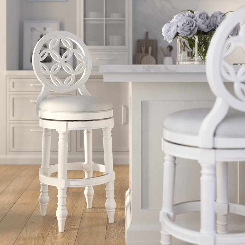 Tabouret de bar en bois blanc à haut dossier de 31 po avec siège pivotant et rond, retour à 180 degrés, pieds tournés, rembourré, repose-pieds pour restaurant en blanc, siège confortable automatique sur bois robuste,