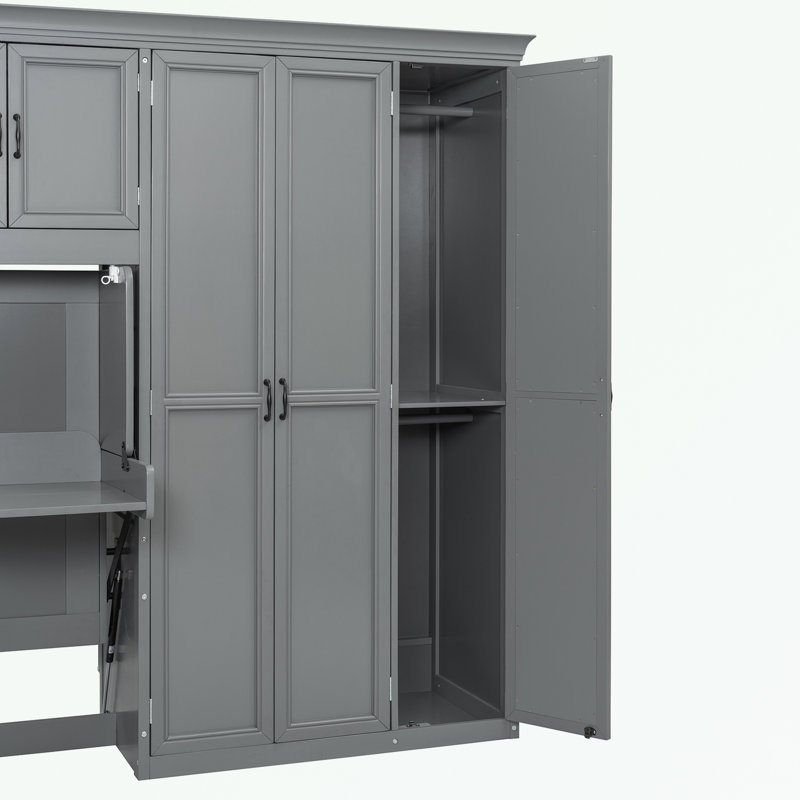 Lit escamotable simple avec garde-robe, armoire et bureau, gris