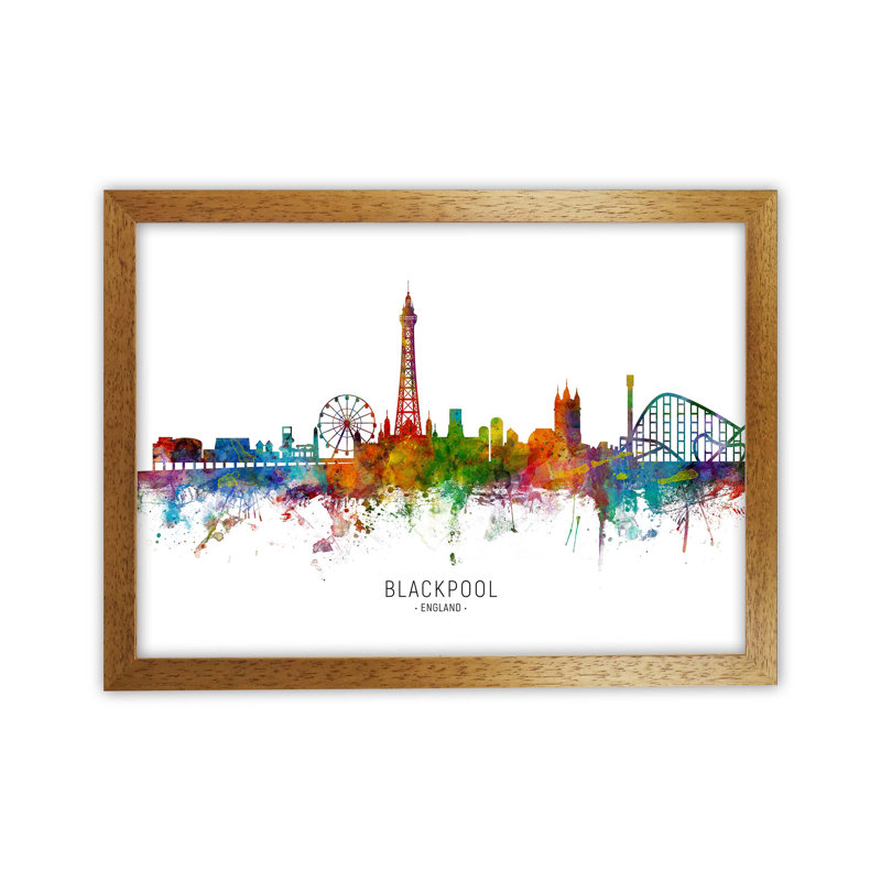 Blackpool England Skyline by Michael Tompsett - Print, Brown Framed, 25cm H x 34cm W x 3cm D