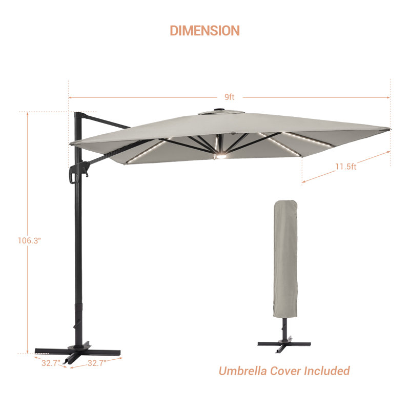 Parasol lumineux rectangulaire en porte-à-faux 11,5 x 9 pi Seena, Gris