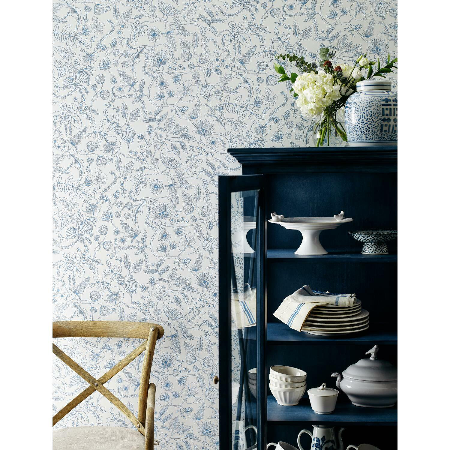 Aviary Self-Adhesive Wallpaper Roll, Blue/Cream