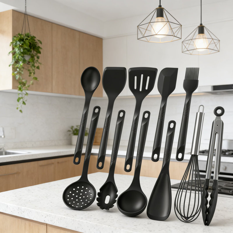 Ensemble d'ustensiles de cuisine en silicone - Résistant à la chaleur 600 ° F, ustensiles de cuisine antiadhésifs avec noyau en acier inoxydable, sans BPA, va au lave-vaisselle, noir