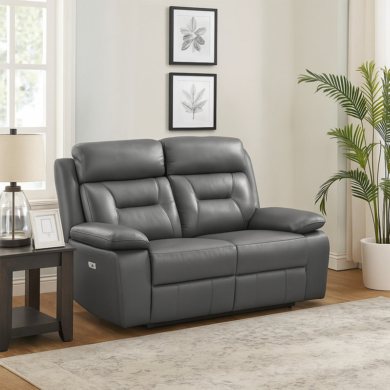 Causeuse inclinable Conia, cuir, USB, 63 po, Gris foncé, Électrique - Bouton-poussoir
