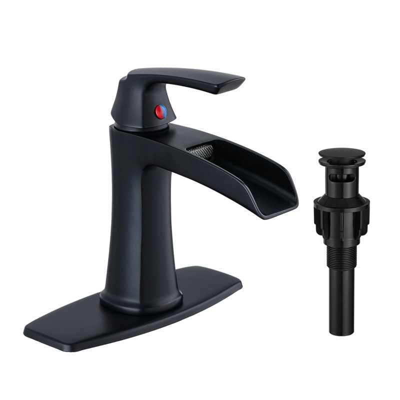Black Waterfall Bathroom Faucet With Pop-Up Drain And Deck Plate - Single Handle Bathroom Faucet, Black