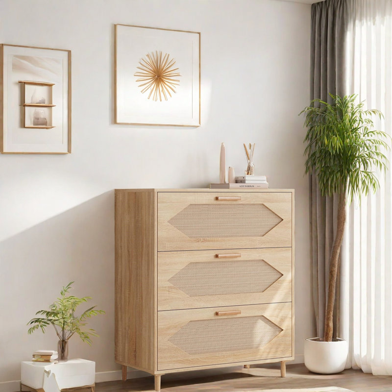 Commode 3 tiroirs pour la chambre à coucher, commode moderne en rotin