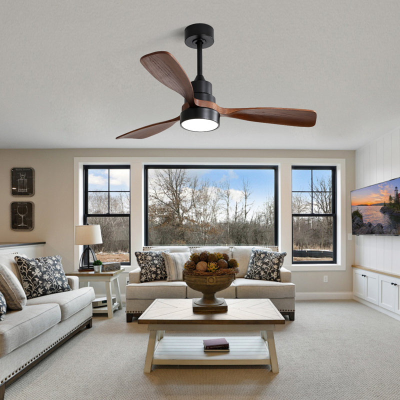 Ventilateur de plafond de 122 cm (48 po) avec éclairage, variateur trois couleurs. Moteur CC réversible, minuterie, 3 pales en bois massif - 122 x 122 x 33 cm (48 x 48 x 12,91 pouces) - Bois - 1 pièce - Ventilateur de plafond avec éclairage - Noir mat