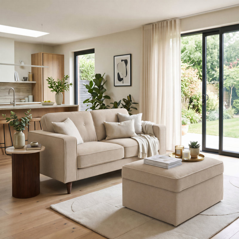 Jaspa Upholstered 2 Seater / 3 Seater Sofa & Ottoman Pouffe Footstool With Tapered Turned Wood Legs, Beige Fabric, 2-Seats